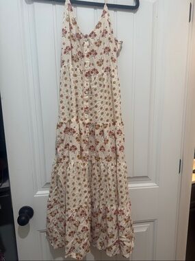 Patrons of Peace Cream Maxi Dress with Rust and Mustard Floral Print. Worn once